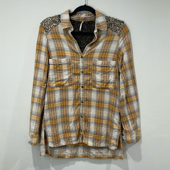 Free People Yellow Plaid Sequin Button Down Shirt - Picture 2 of 9